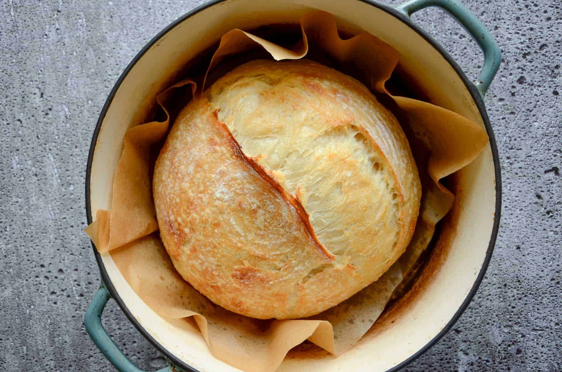 Sourdough loaf in blue dutch oven