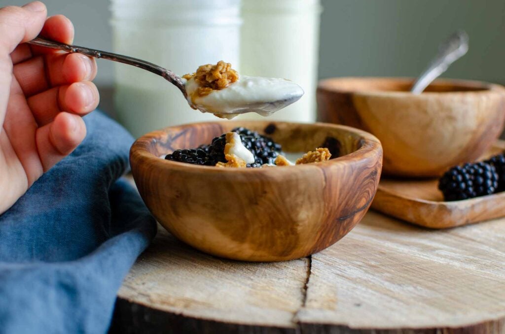 a spoonful of homemade Greek yogurt above a bowl with yogurt and fruit