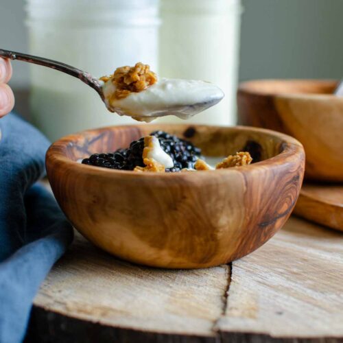 a spoonful of homemade Greek yogurt above a bowl with yogurt and fruit