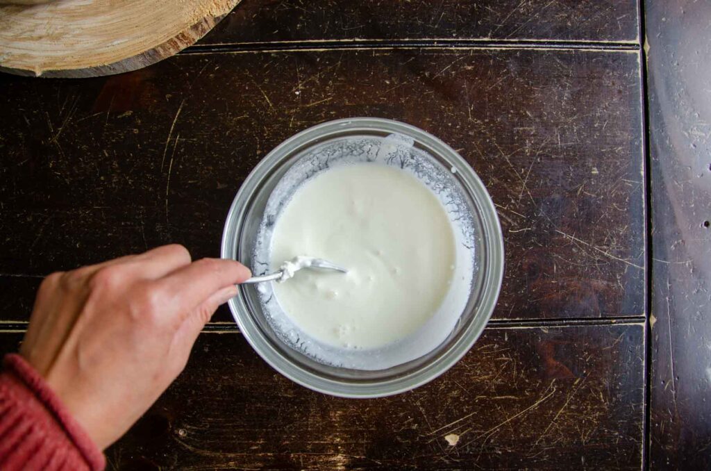 stirring milk into yogurt culture in small bowl