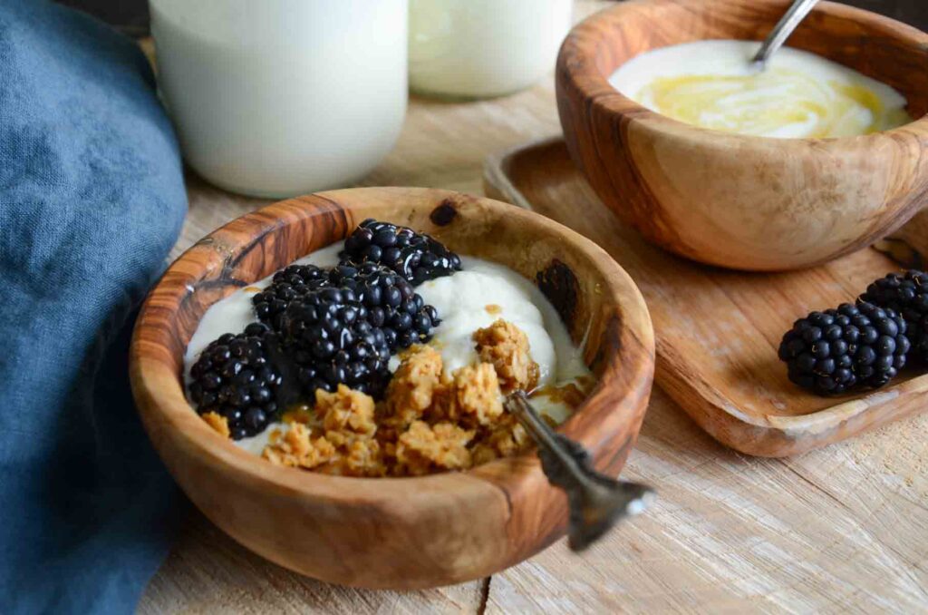 Greek yogurt in a wooden bowl with granola and blackberries