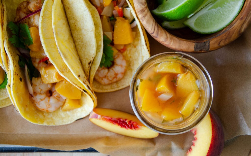 peach salsa on shrimp tacos