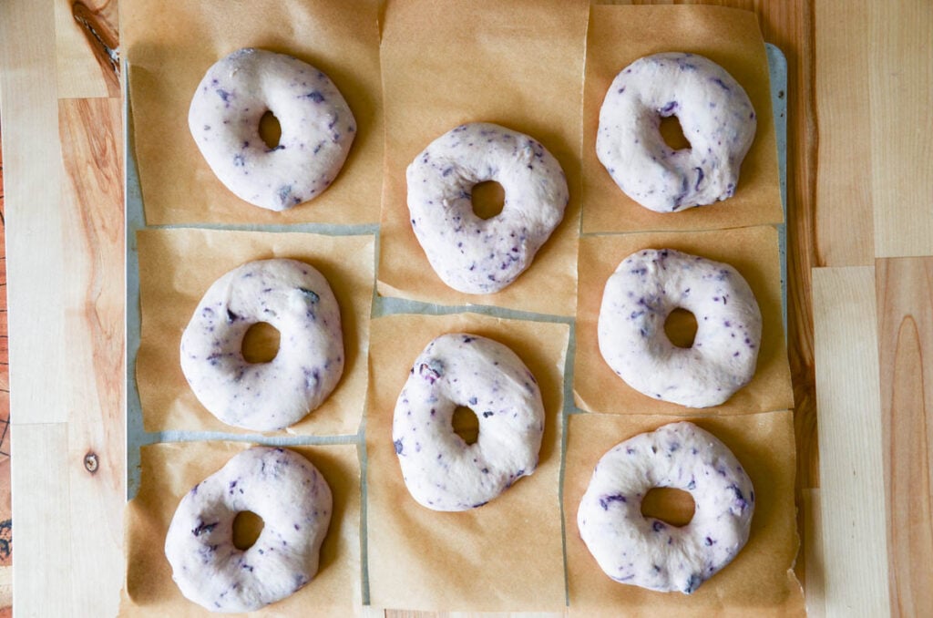 proofed bagels on pieces of parchment paper