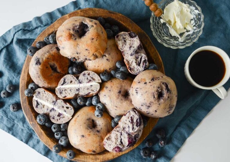 A bowlful of sourdough blueberry bagels