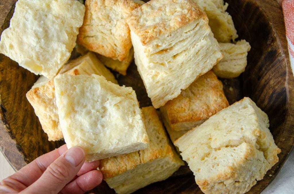 holding a layer of a sourdough biscuit