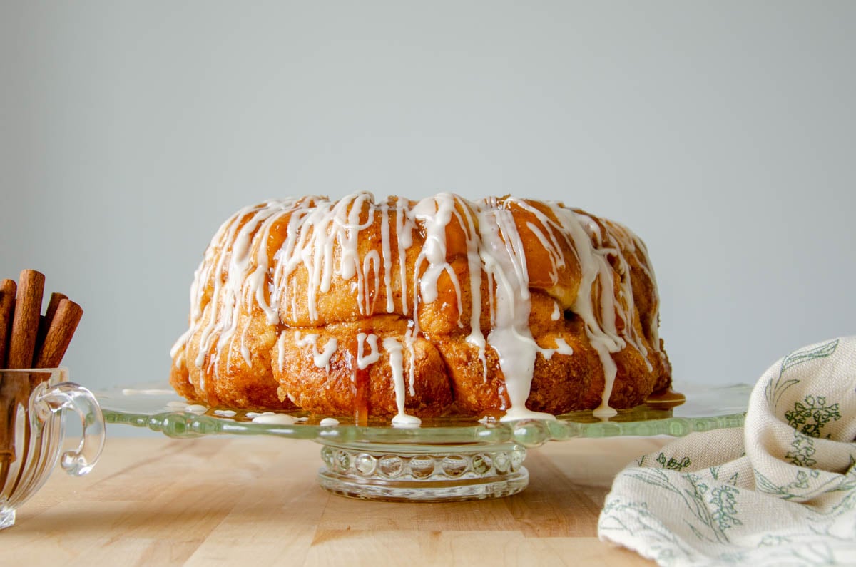 sourdough monkey bread on a glass cake stand