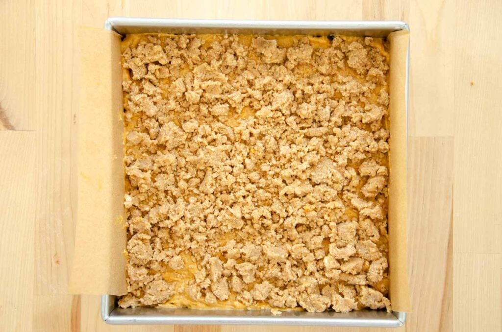 the top layer of streusel on sourdough pumpkin coffee cake