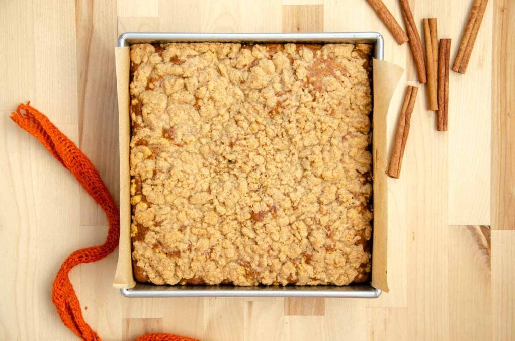 baked sourdough pumpkin coffee cake in the pan