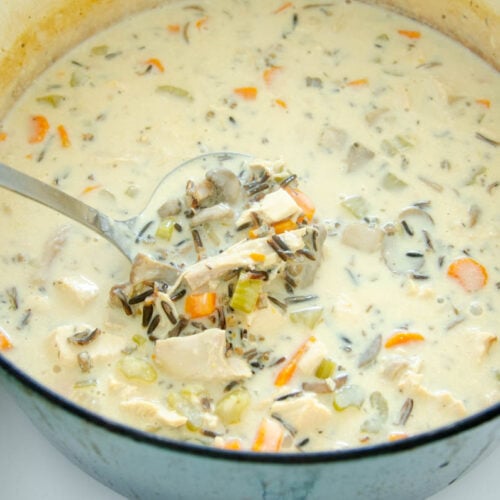 a Dutch oven full of turkey wild rice soup