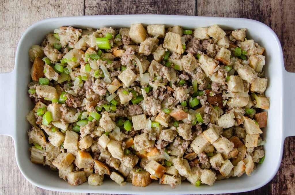 sourdough stuffing in a white baking dish