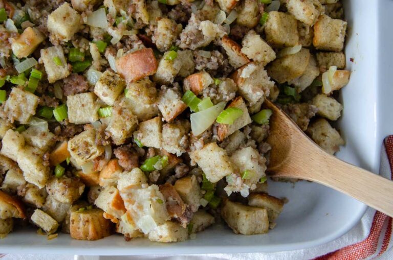sourdough stuffing in a baking dish