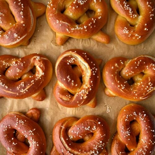 sourdough pretzels on a baking sheet