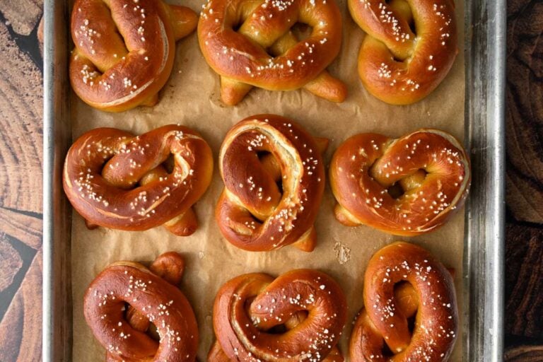 sourdough pretzels on a baking sheet