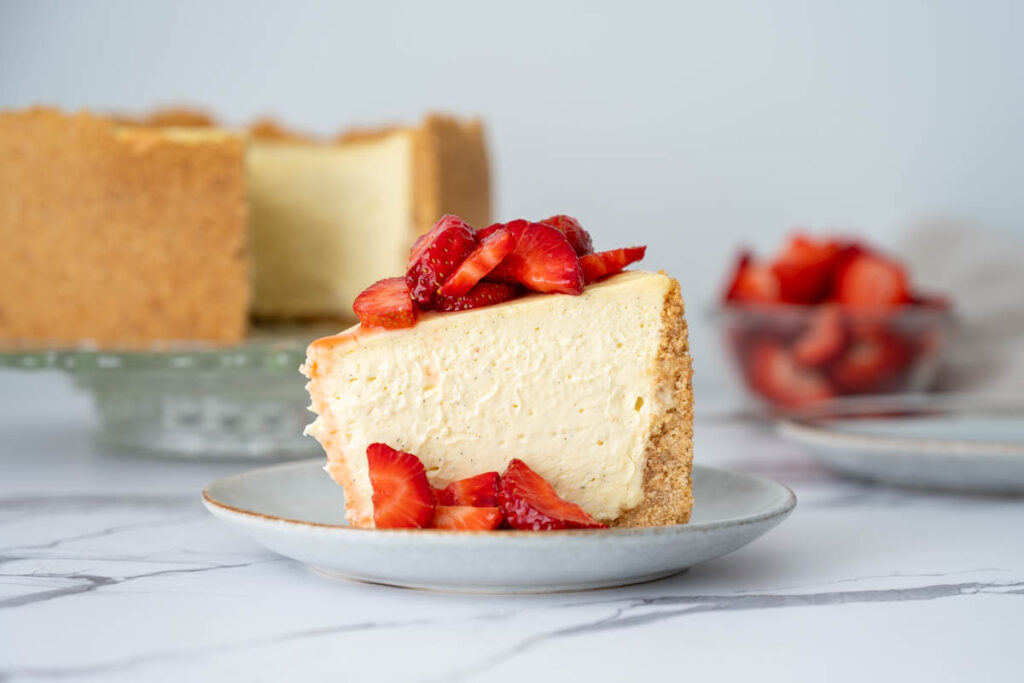 a piece of easy cheesecake with strawberries on it