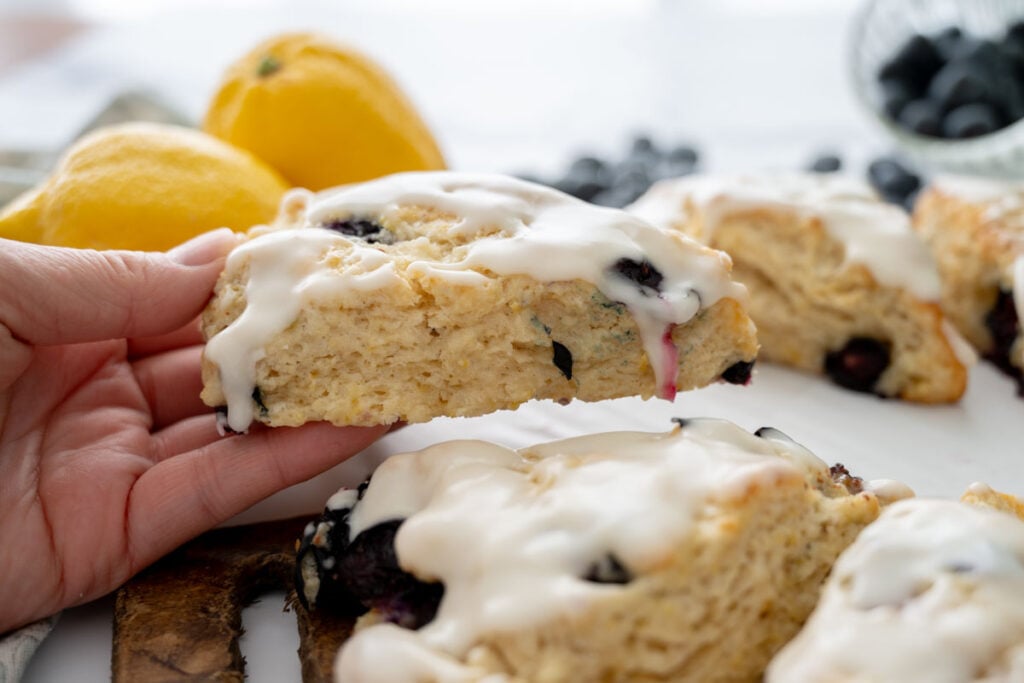 holding a lemon blueberry sourdough scone