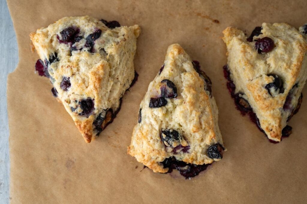 baked lemon blueberry sourdough scones on baking sheet