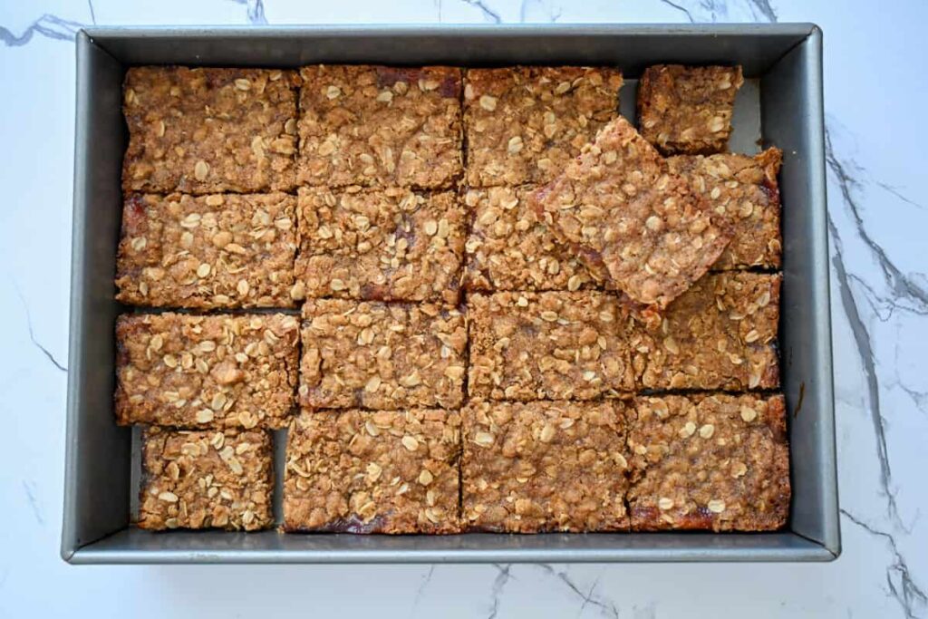 rhubarb crumble bars in a baking pan
