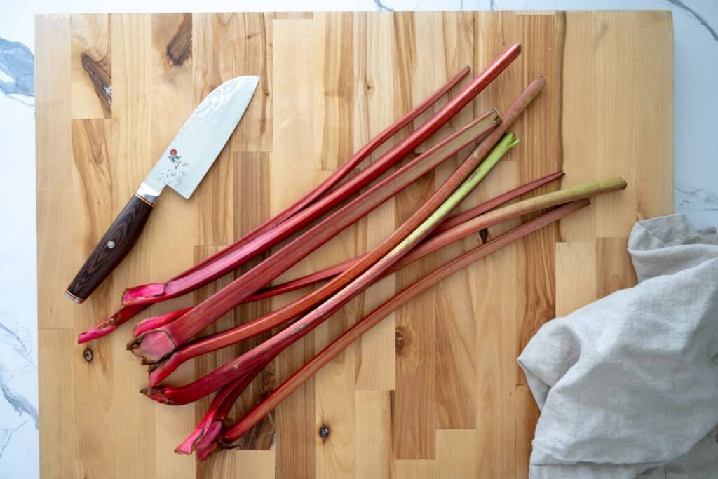rhubarb stalks on cutting board