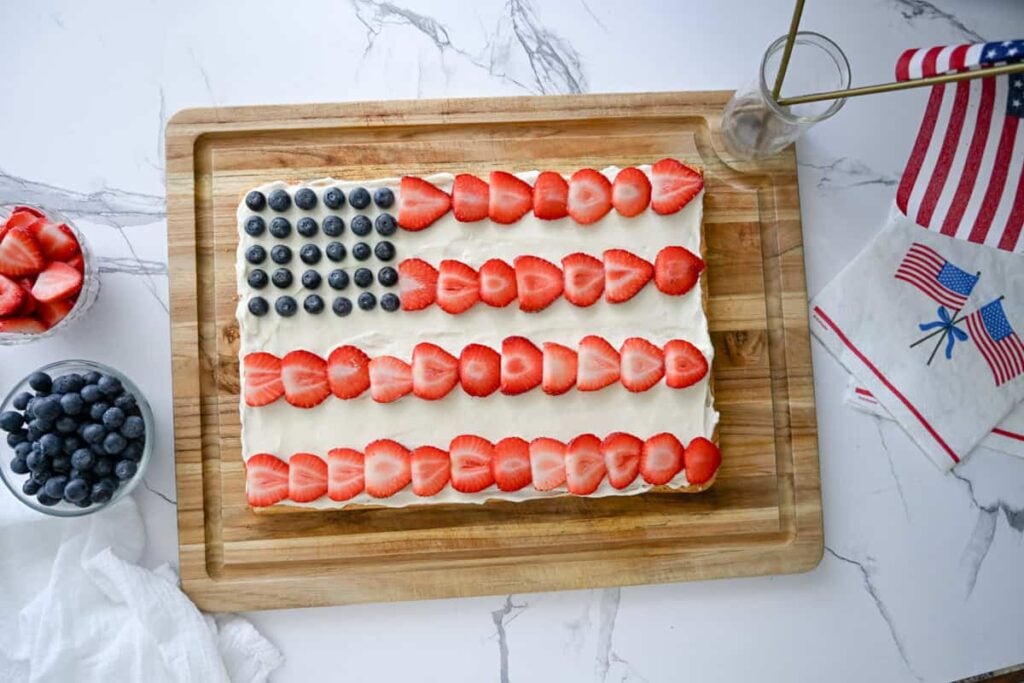 sourdough flag fruit pizza on a wooden board