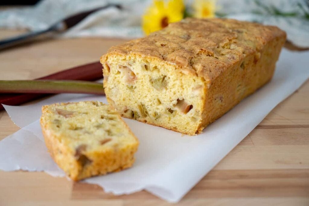 sourdough rhubarb bread on a piece of parchment paper 
