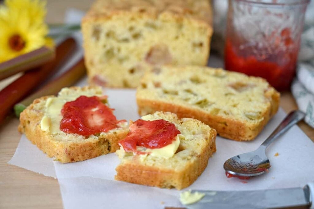sourdough rhubarb bread with jam on it
