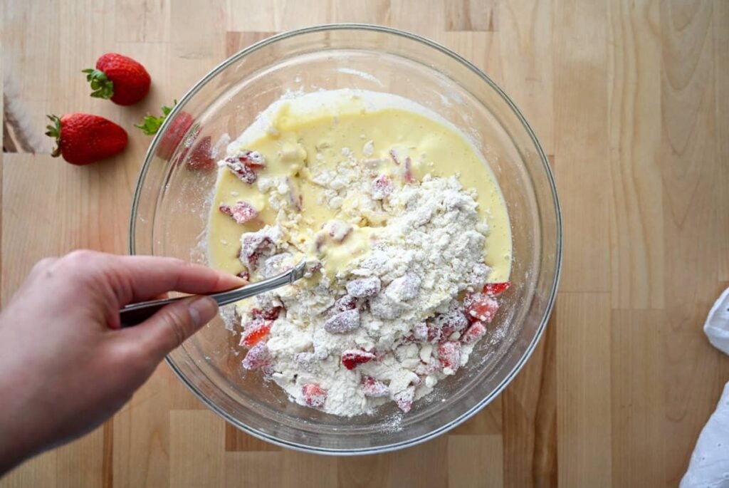 combining wet and dry ingredients for sourdough strawberry scones