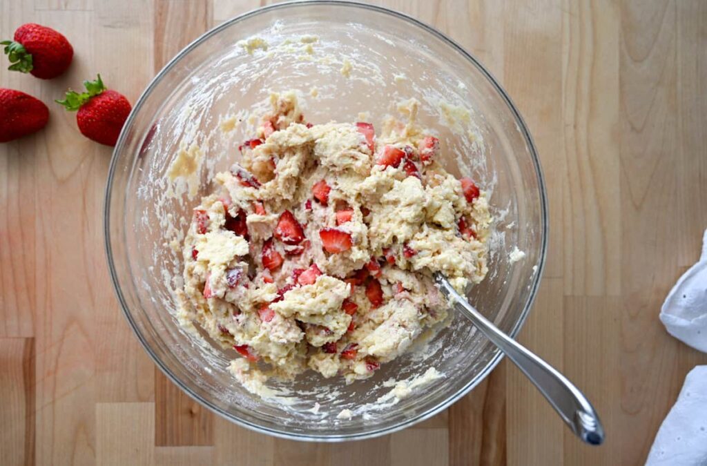 sourdough strawberry scone dough in glass bowl