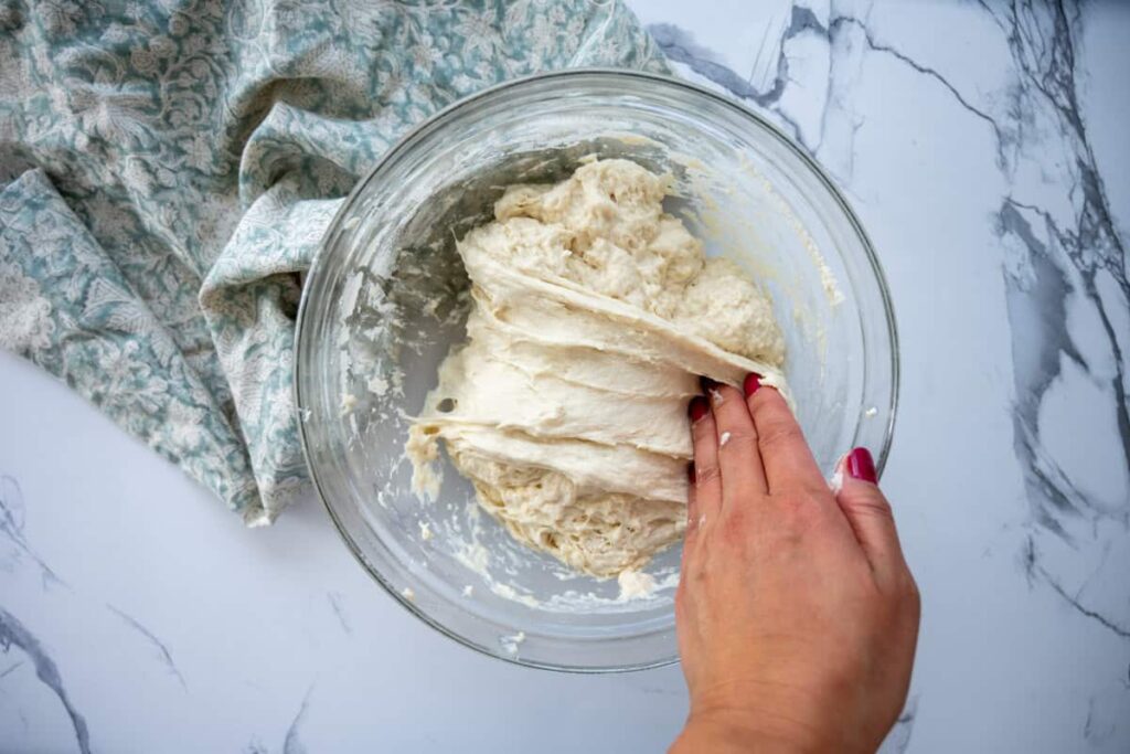 folding sourdough ciabatta dough