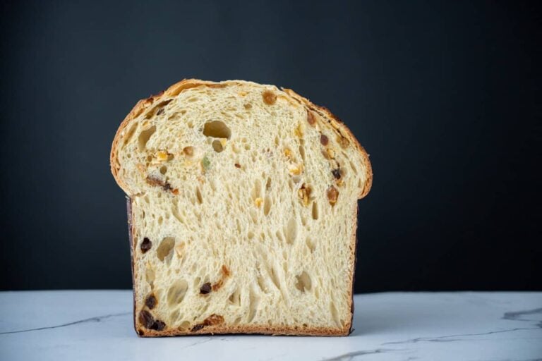 sourdough panettone bread cut in half
