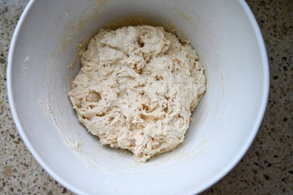 same day sourdough in a white bowl