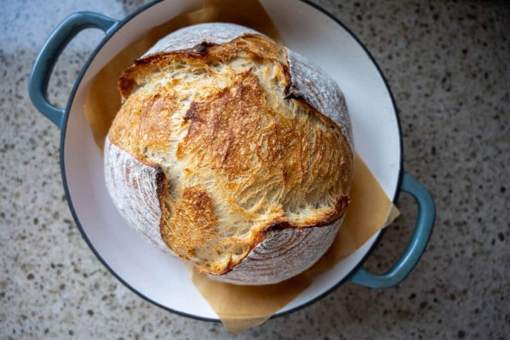Baked sourdough bread in a Dutch oven