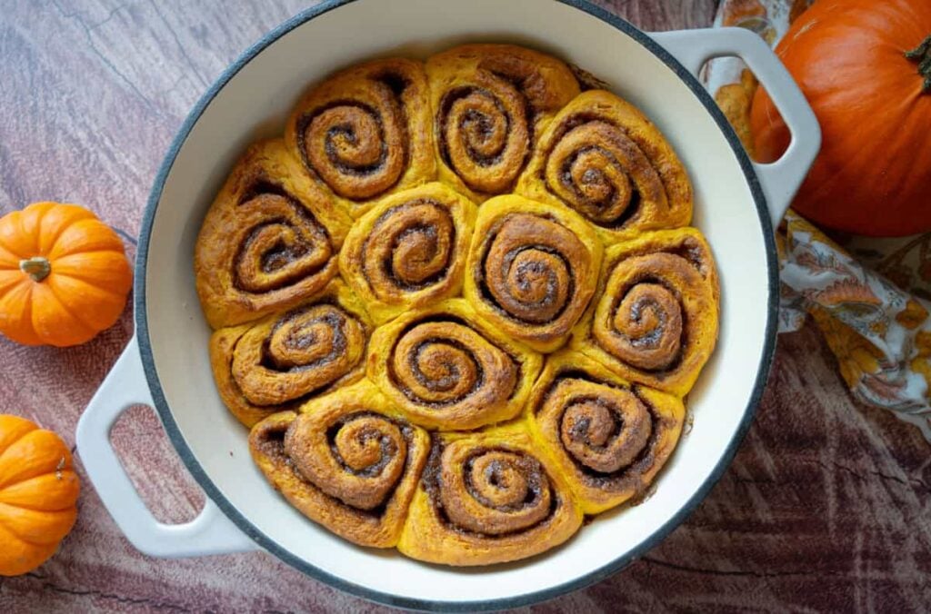 unfrosted baked sourdough pumpkin cinnamon rolls