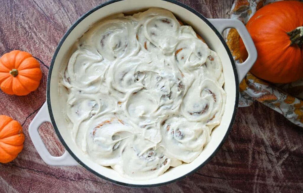 frosted sourdough pumpkin cinnamon rolls